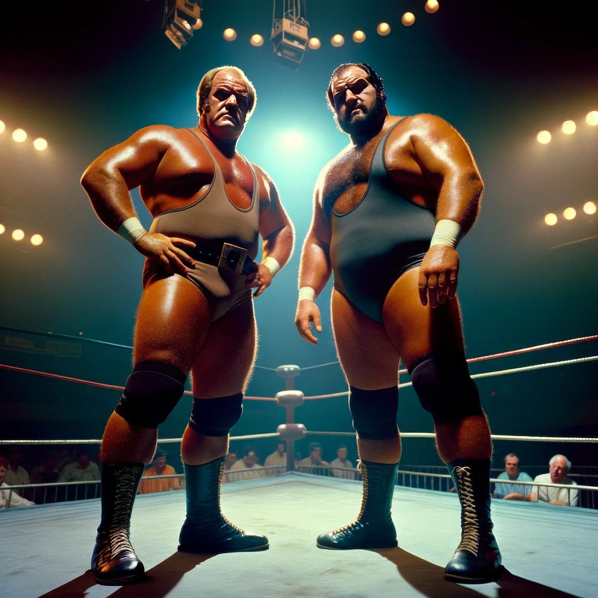 Two muscular wrestlers stand facing each other in a lit wrestling ring, wearing wrestling attire and boots, with an audience visible in the background.