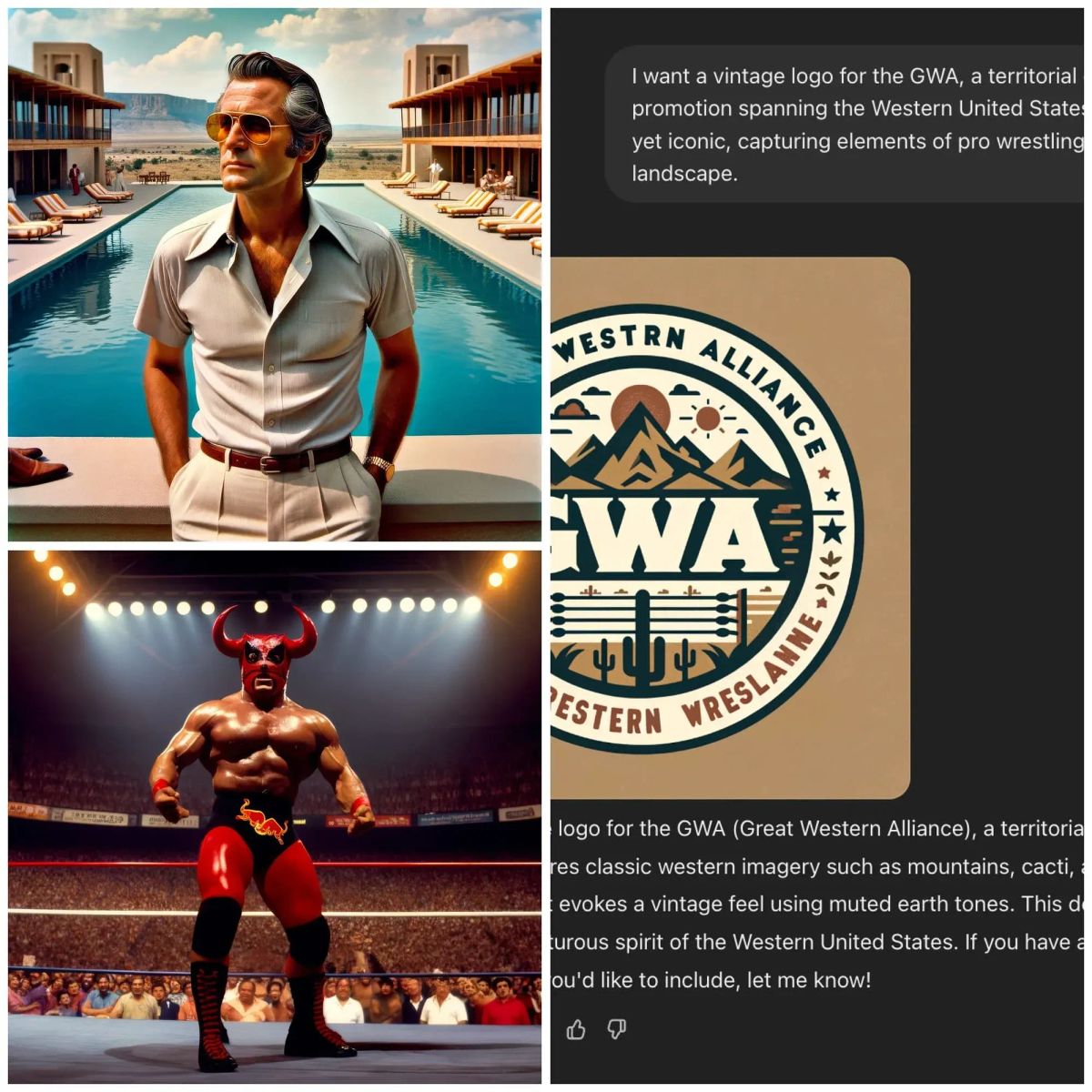 Vintage circular logo for GWA (Great Western Alliance) featuring mountains, cactus, sun, and wrestling imagery in earth tones on tan background.