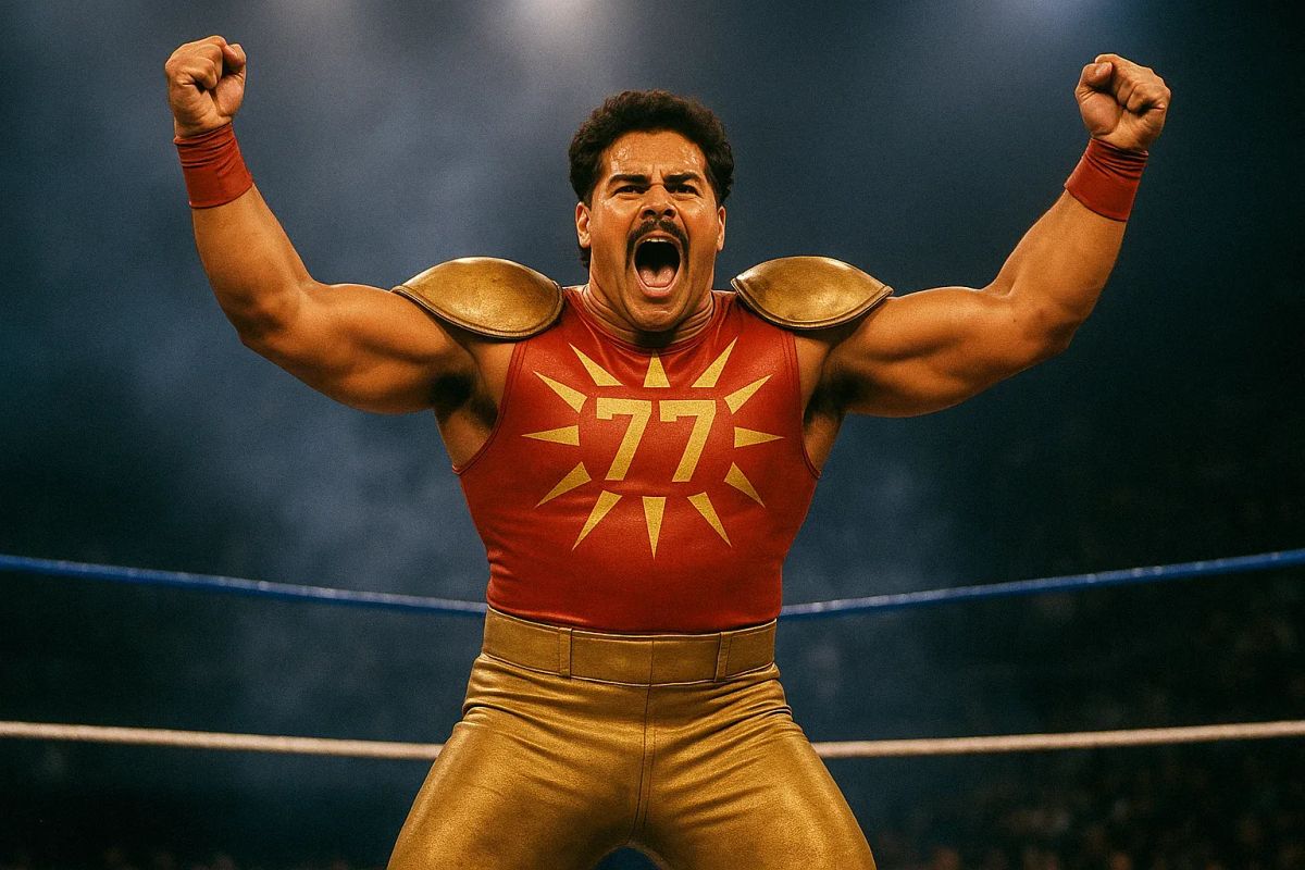 Cyrus Nova flexes with raised fists in a red and gold wrestling singlet with shoulder pads in a wrestling ring.