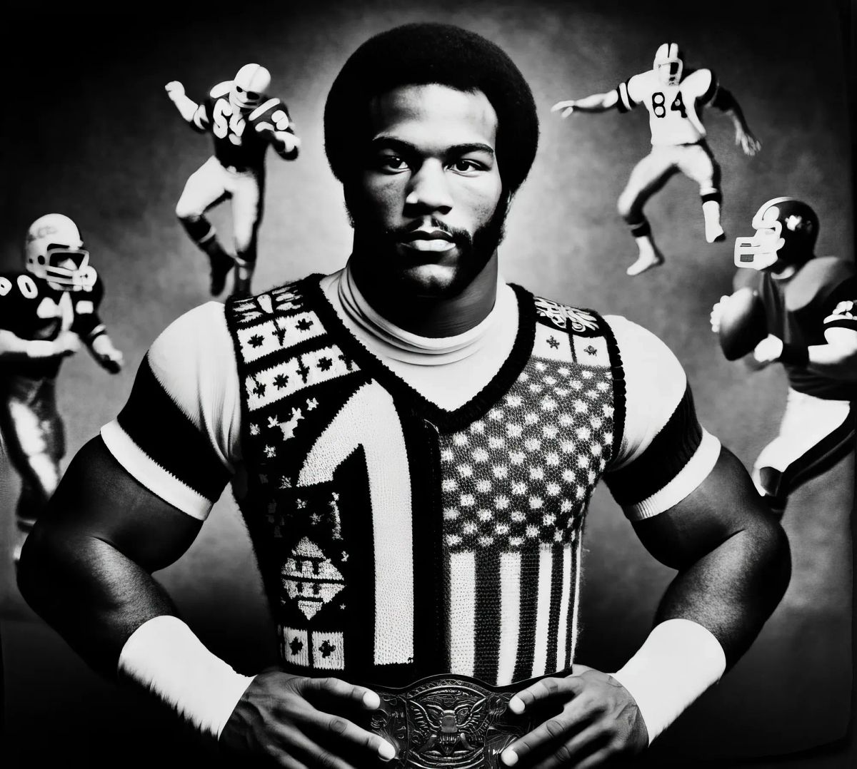 "Gridiron" Gregory Harris in patterned wrestling singlet holding championship belt, surrounded by action shots of football players in vintage uniform.