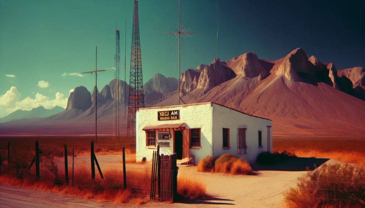 XEOJ-AM radio station building in desert landscape with transmission towers and mountains at sunset.