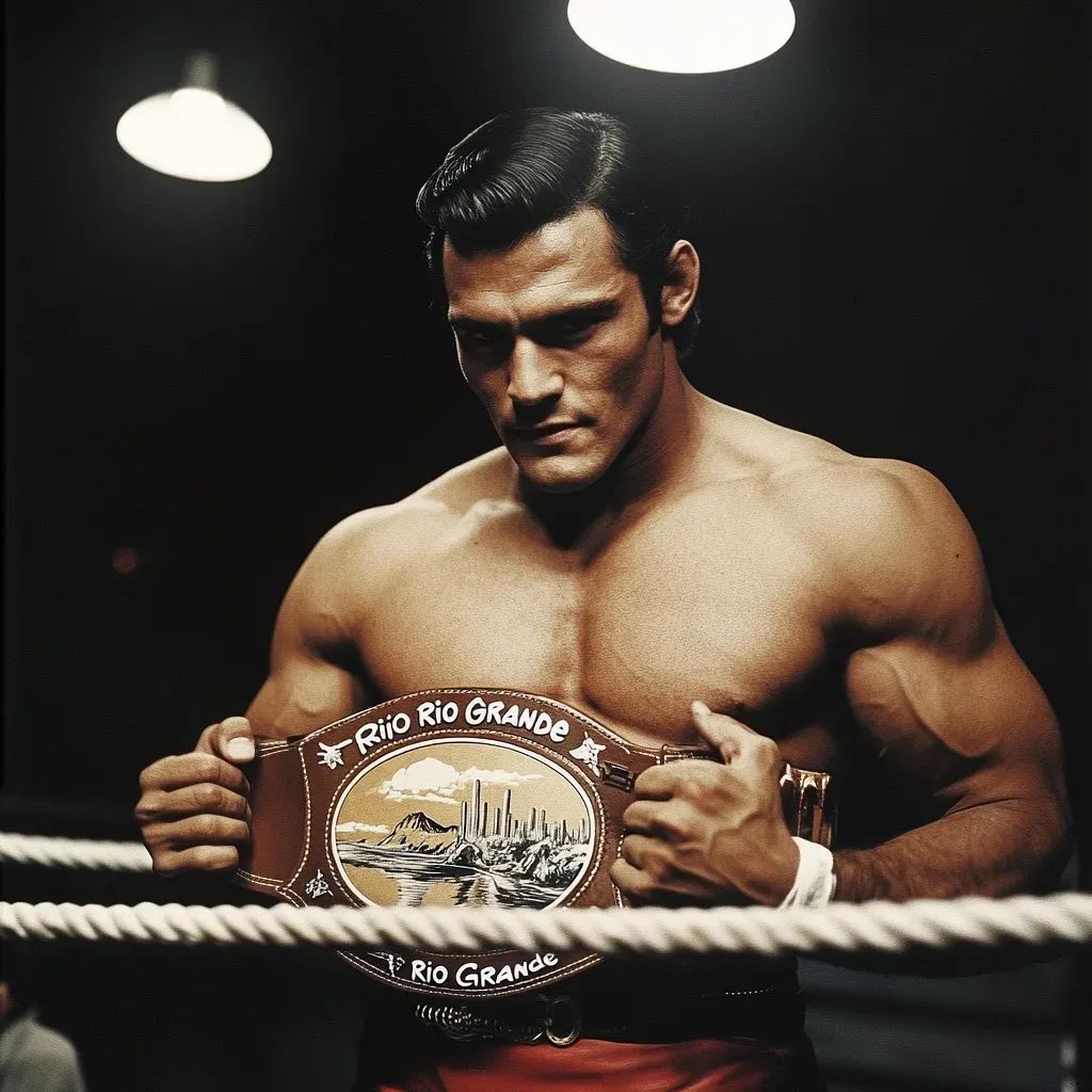 Miguel "Rio Grande" Ramirez shirtless in wrestling ring holding championship belt, looking downward under overhead lights.