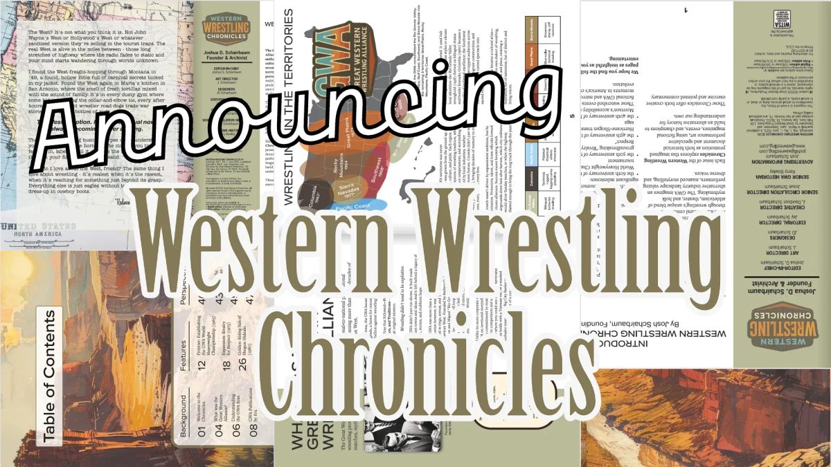 Collage of Western Wrestling Chronicles book covers, maps, wrestling content pages, and promotional materials arranged on a tan background.