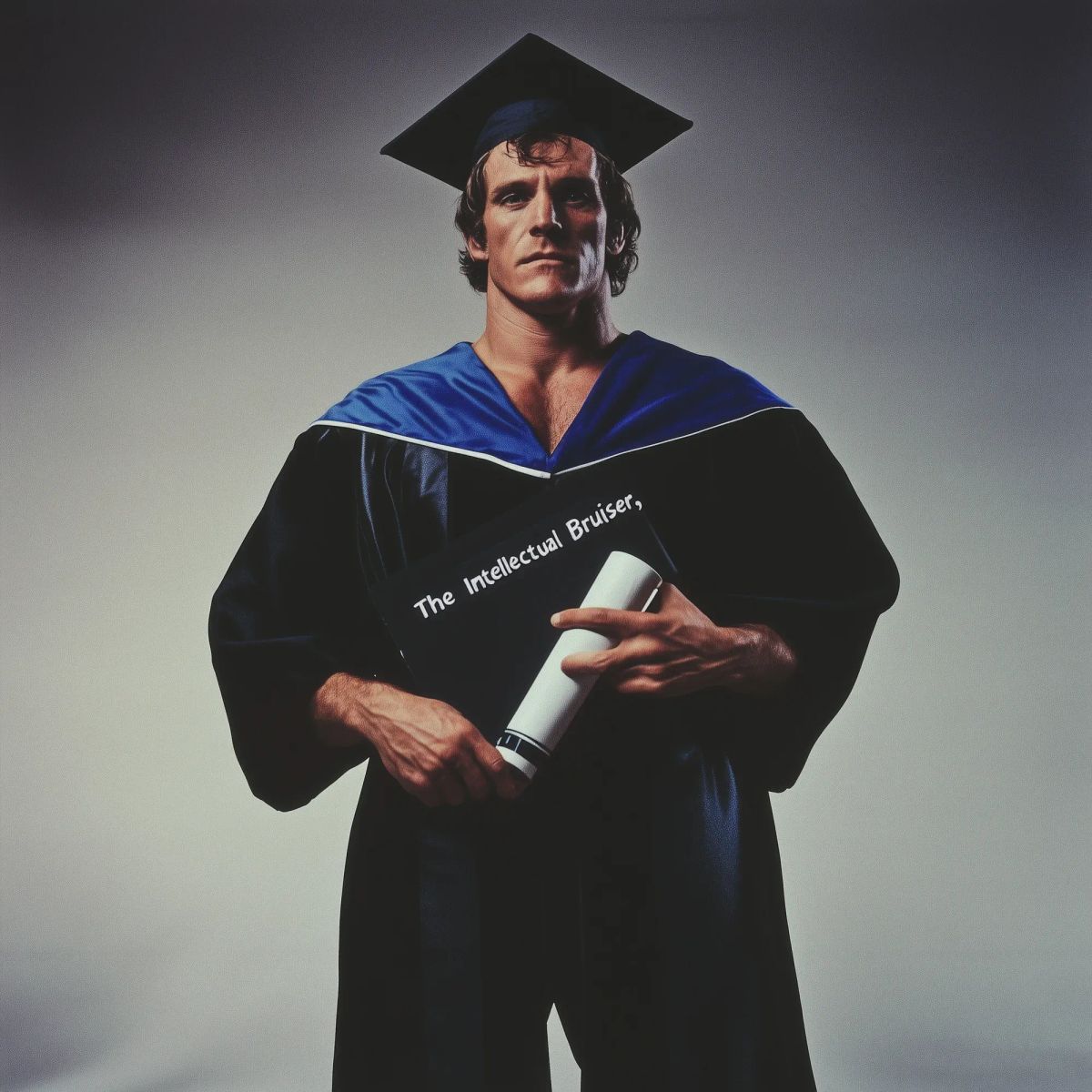 Barrett Mason in academic regalia with mortarboard and diploma, wearing wrestling attire underneath, posed against neutral background.