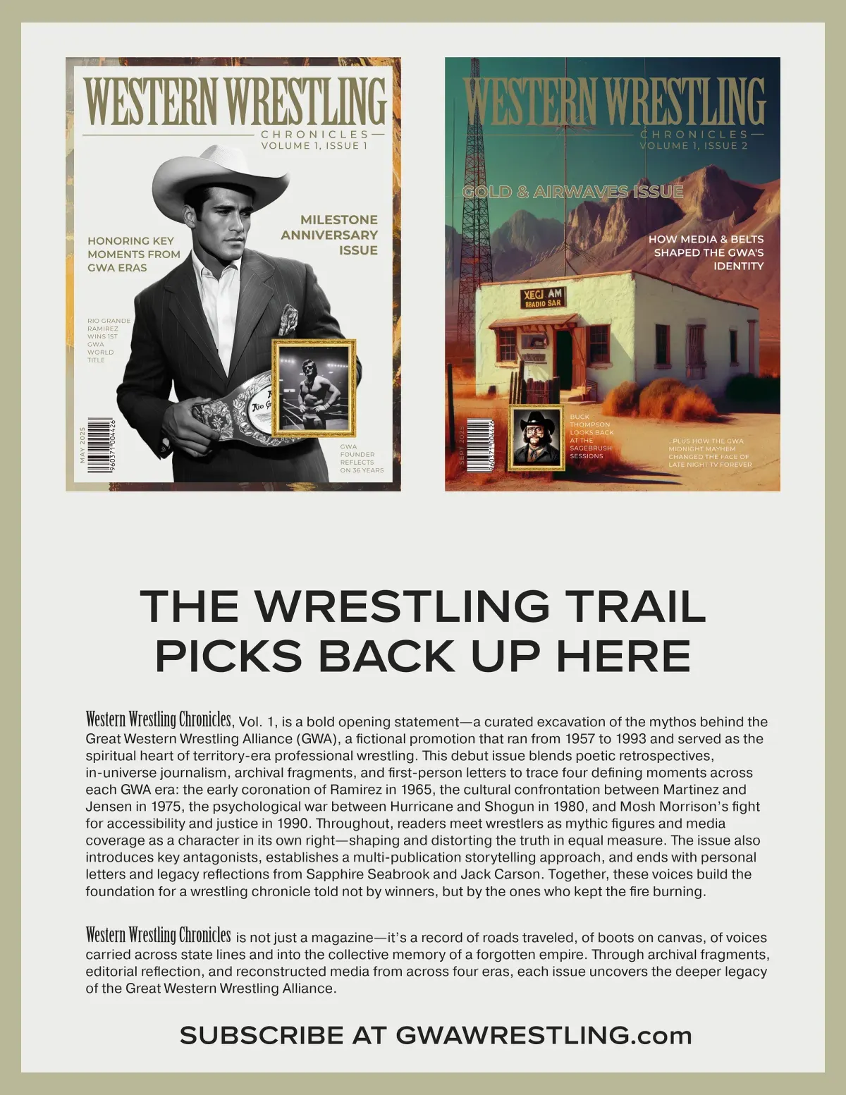 Two covers of Western Wrestling Chronicles magazine featuring a wrestler in black and white and a desert radio station building.