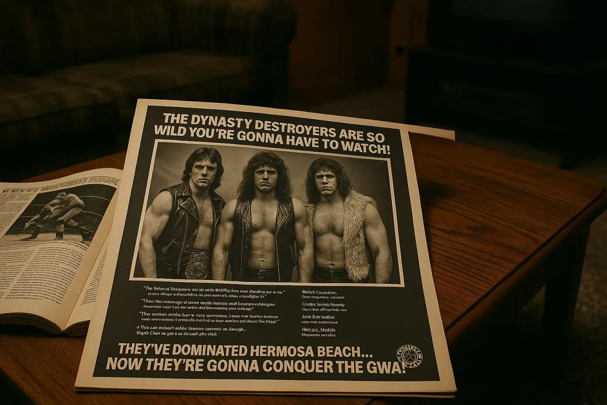 Vintage wrestling advertisement featuring three shirtless male wrestlers in leather vests posed against a dark background with promotional text.