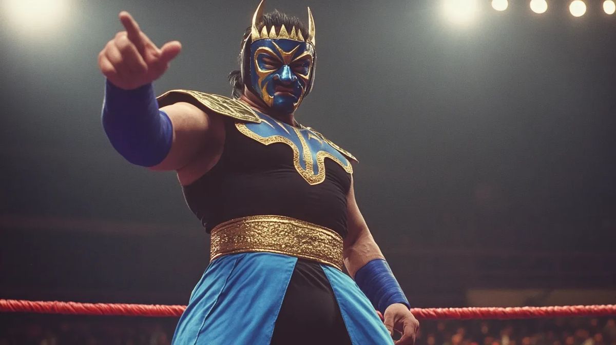 Shogun Hideaki in blue and gold wrestling attire with ornate mask, pointing toward camera in a wrestling ring.