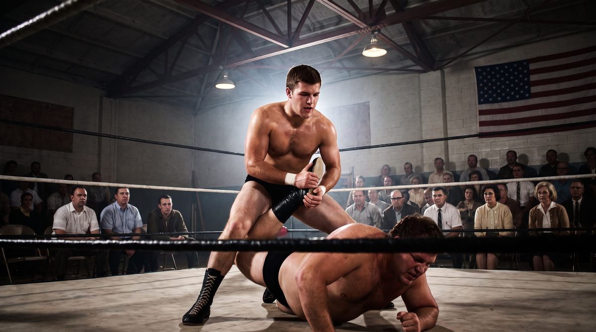 Tom Dillon works a leg hold on a larger opponent in a wrestling ring inside a National Guard armory, 1972, with rows of spectators in shadow behind the ropes.
