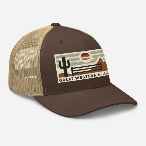 Brown trucker cap with tan mesh back panel featuring Great Western Alliance logo with saguaro cactus, sunset, and mountains.