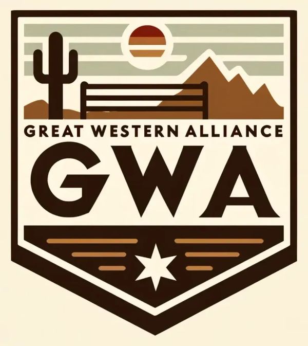 GWA logo featuring a saguaro cactus, desert mountains, sunset, and a lone star on a brown and cream shield.