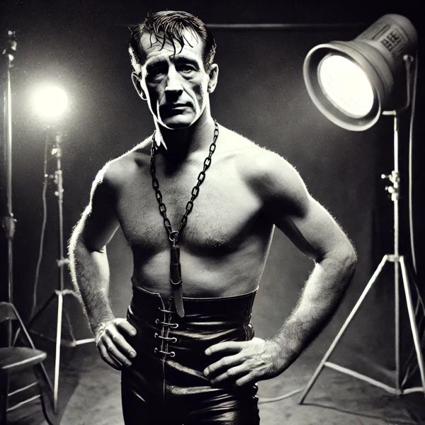 Jeffrey Donner shirtless wearing chain and leather belt in studio lighting setup, hands on hips, stern expression.