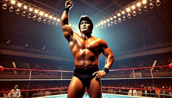 Takeshi Matsuda raises his fist in victory pose standing in a wrestling ring under bright stadium lights, shirtless with black wrestling trunks and wristbands.