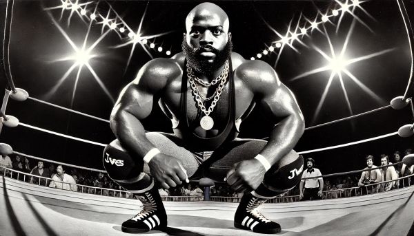 Jive Jackson crouches in a wrestling ring wearing a chain necklace and black wrestling attire, with dramatic overhead lighting illuminating the scene.