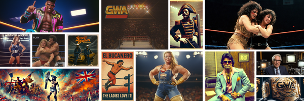 Collage of GWA wrestling characters, posters, and title belt from various eras (1957-1993).