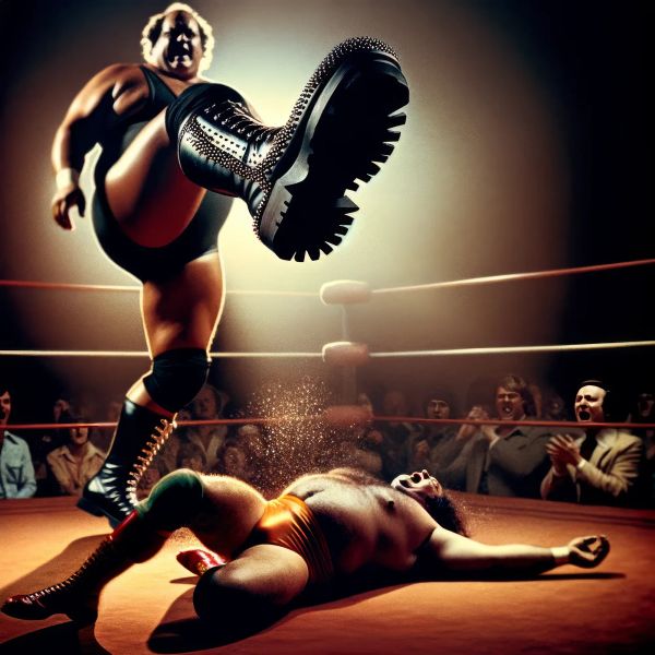 Vinny Malone performs a flying kick in a wrestling ring while an opponent lies on the canvas and spectators watch from ringside.