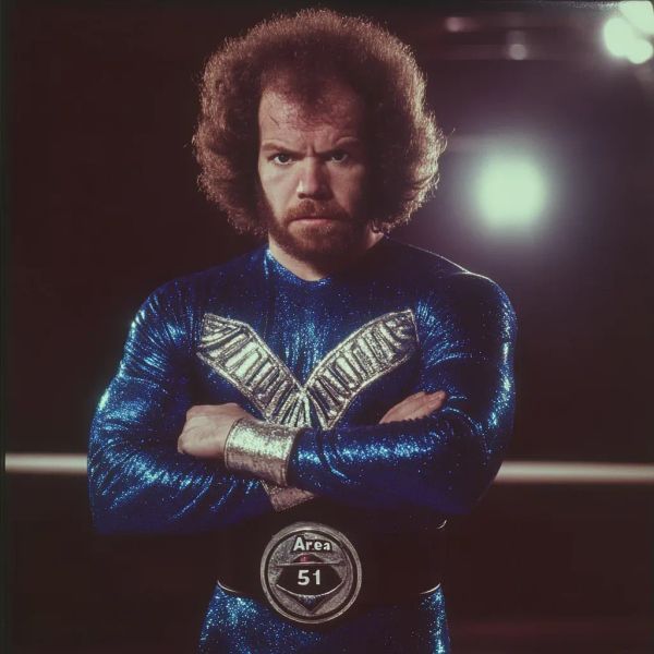 Alistair Astrovich in blue sequined wrestling attire with gold wing emblem and Area 51 belt, arms crossed, against dark background.