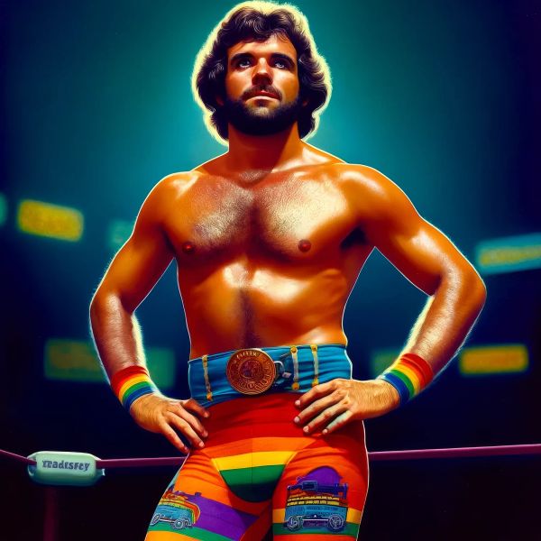 "Boxcar" Bo Bradley shirtless in rainbow-striped wrestling trunks and championship belt, posed with hands on hips against a blue backdrop.