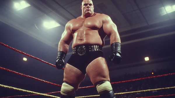 "Copper King" Marcus Strong stands in a wrestling ring wearing a studded belt and wrist tape, looking down with a serious expression under bright arena lights.