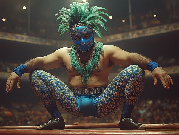 Rico Vega in blue and gold wrestling attire with feathered mask crouches in a wrestling ring before a crowd.