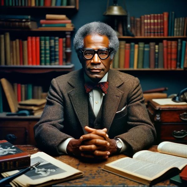 Harold Langston seated at desk in library setting, wearing brown suit and bow tie with glasses, hands clasped, surrounded by books and papers.