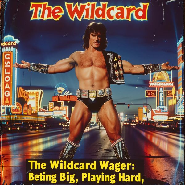Muscular wrestler in black and studded costume striking a wide stance pose on Las Vegas strip backdrop with neon signs.