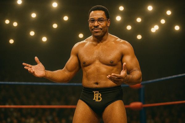 Desmond Blackwell stands in a wrestling ring wearing black trunks with "DB" emblem, flexing with arms outstretched and a confident expression, lit by overhead lights.