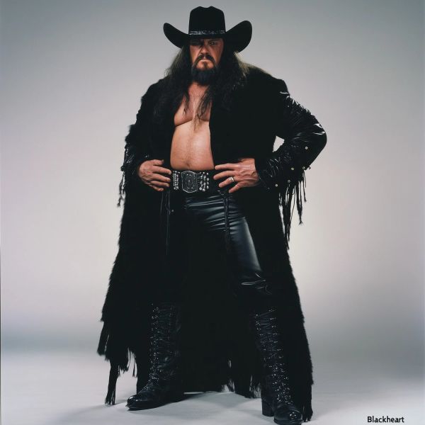 Brad Boone "The Blackheart" stands in a wrestling stance wearing a black cowboy hat, long fringed coat, studded belt, and leather pants against a neutral background.