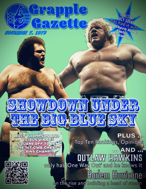 Two shirtless male wrestlers in fighting stance on green background, Grapple Gazette header, November 7, 1973.