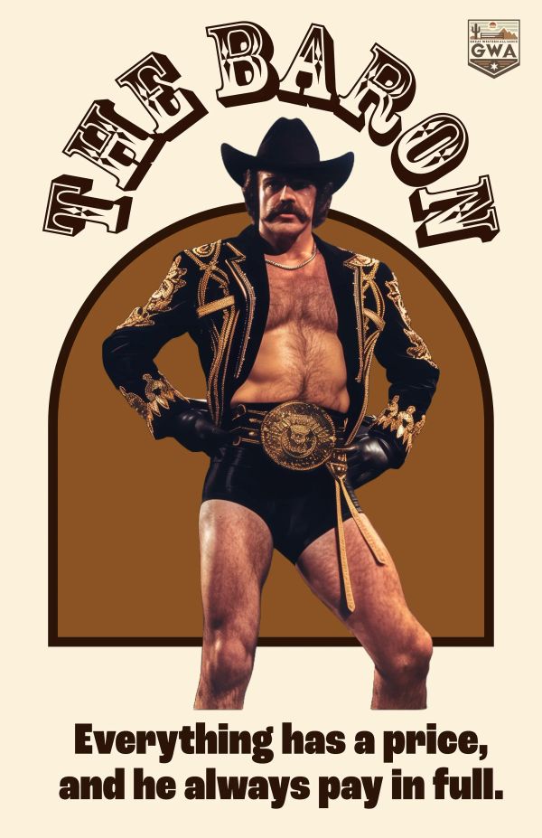 B. Beauregard Blackthorn stands in a wrestling pose wearing an ornate black and gold jacket, black shorts, and a decorative belt against a brown arched background.