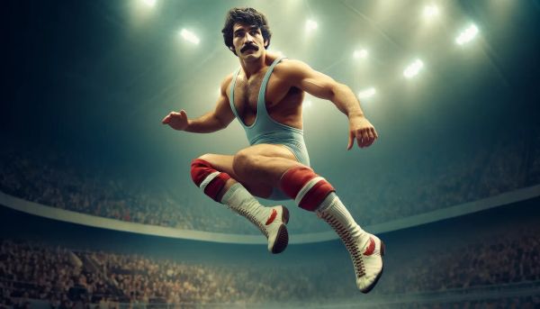 Eddie "Desert Eagle" Martinez mid-leap in a wrestling ring, wearing light blue singlet and red boots with white socks, beneath stadium lights.