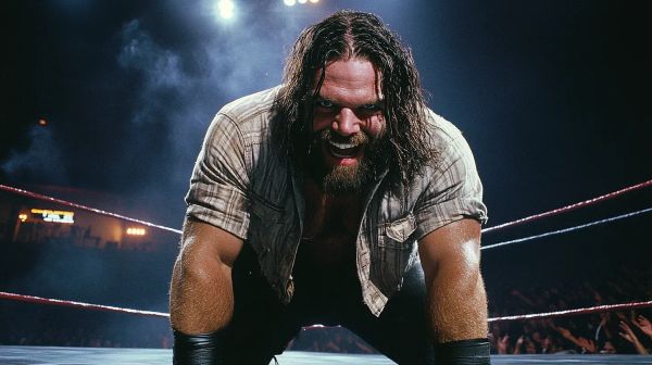 Mosh Morrison crouches in a wrestling ring wearing a plaid shirt, long dark hair, and beard, with an intense expression.