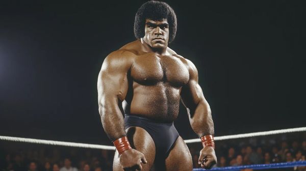 "The Volcano" Vila Fifita stands in a wrestling ring wearing red wrist tape and dark briefs, flexing his muscular physique under spotlight with a serious expression.