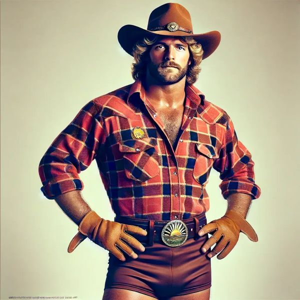 "Sunrise" Sam Dakota in red plaid shirt and brown shorts with ornate belt buckles, cowboy hat, posed against neutral background.