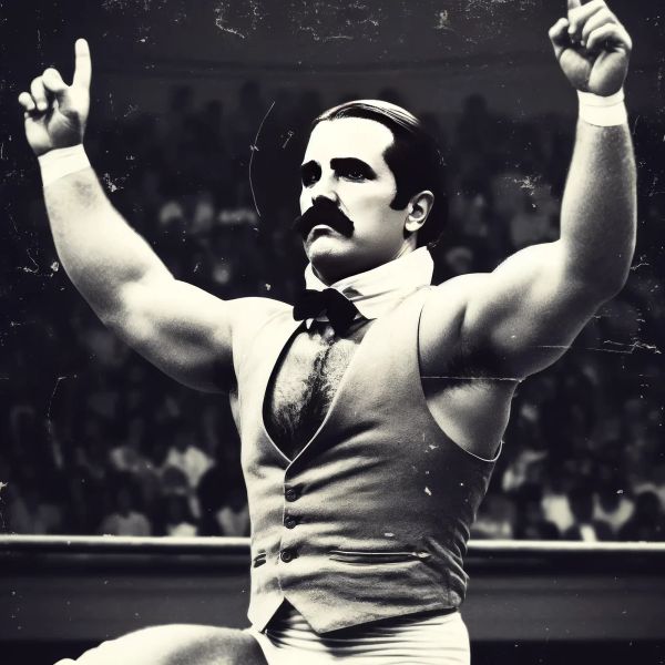 Muscular wrestler in vest and bow tie with distinctive mustache raising both arms in victory pose before crowd.