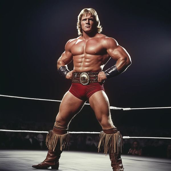 Sam Frontier stands in a wrestling ring wearing red shorts, a studded belt, black wrist cuffs, and brown fringed boots, with blonde hair and a serious expression.