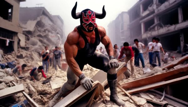 "Raging Bull" Marco Valdez in red and black bull mask stands in fighting pose amid urban rubble, surrounded by onlookers.