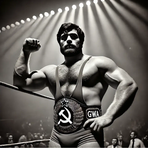 "Ironside" Ivan Gregorovich stands in a wrestling ring wearing sunglasses, a star-emblazoned belt, and a confident pose under dramatic overhead lighting.