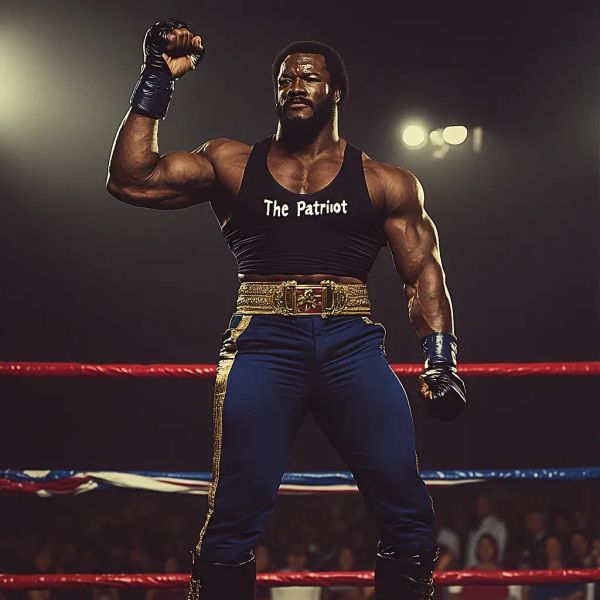 "The Patriot" Paul Johnson flexes with fist raised in wrestling ring, wearing black tank top, gold belt, and blue pants with black boots.