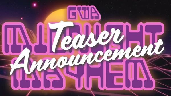 Neon pink and purple retro typography reading "GWA Teaser Announcement" with glowing yellow sun and stars on dark space background.