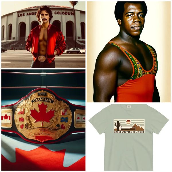 GWA wrestler in red attire posing before Los Angeles Coliseum with championship belt and merchandise displayed.