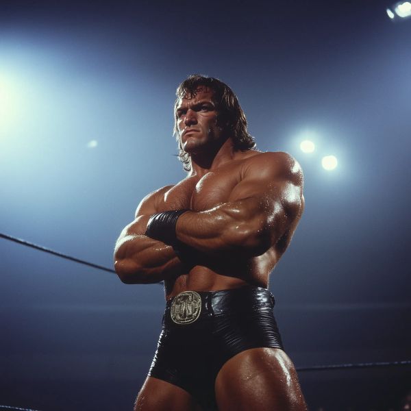Nikolai Gregorovich stands in a wrestling ring with arms crossed, wearing black wrestling trunks with a championship belt, long blonde hair, and an intense expression under ring lights.