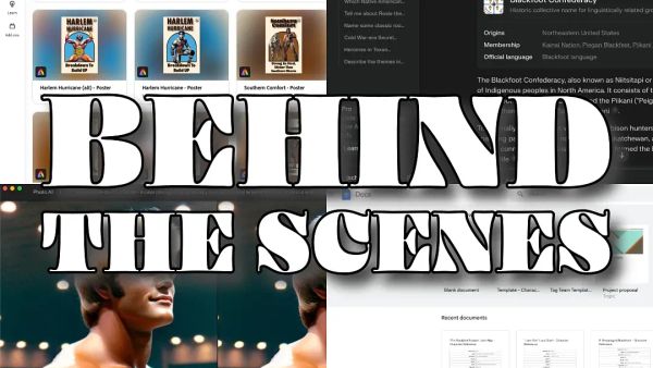 Screenshot of a computer screen displaying "Behind the Scenes" text overlay with wrestling posters and historical documents visible in the background.