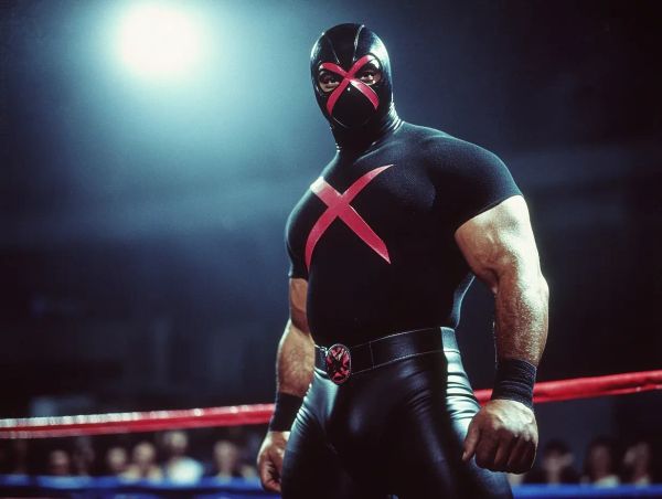 Luchador X stands in a wrestling ring wearing a black mask with pink X markings, black and pink cross-emblazoned singlet, and ornate belt.