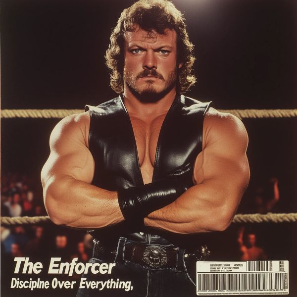 Eddie "The Enforcer" King stands in a wrestling ring with arms crossed, wearing a black leather vest and championship belt, with golden-blonde curled hair and a stern expression.