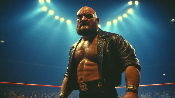 Isaiah Scarbane stands in a wrestling ring wearing sunglasses, black leather jacket, and championship belt, arms outstretched under blue spotlights.