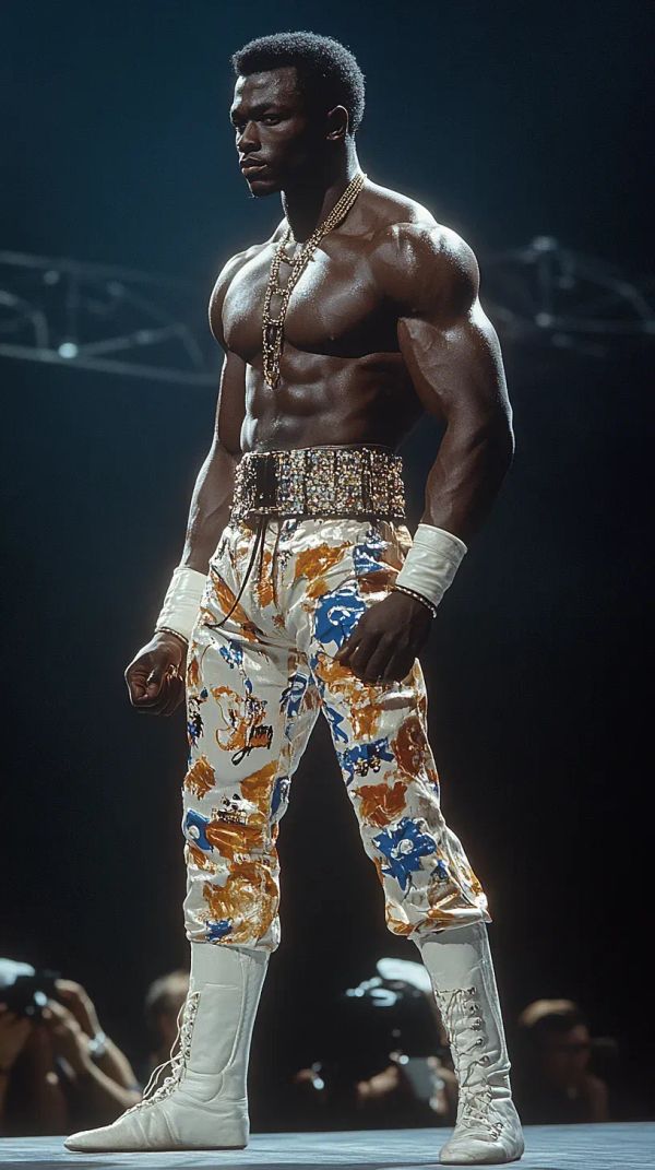Jean Savage stands shirtless in a ring wearing a sparkly gold waistband, patterned pants with blue and gold designs, white boots, and a decorative chain necklace.