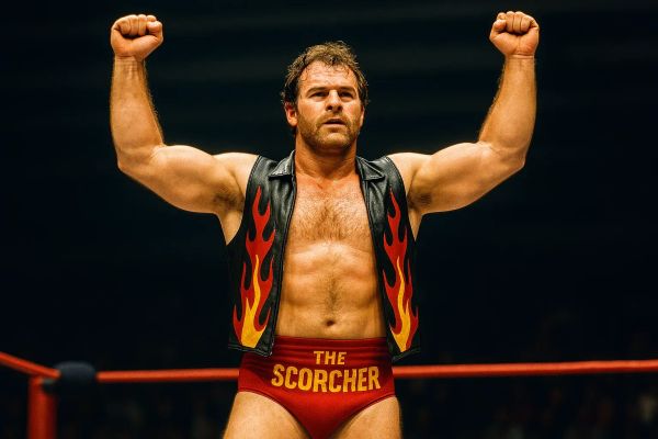 Jackie Burns, The Scorcher, stands in a wrestling ring with both fists raised, wearing a black leather jacket with flame design and red trunks labeled "THE SCORCHER".