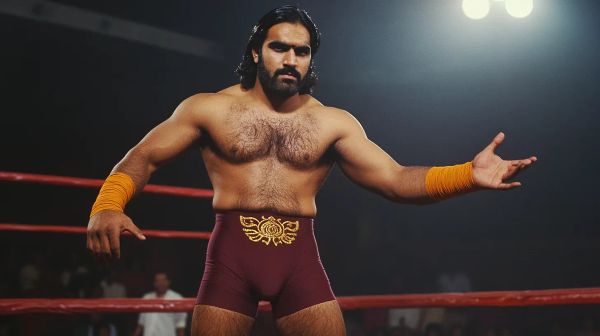 Dev Singh Randhawa stands in a wrestling ring wearing maroon shorts with gold embroidery and yellow wrist tape, with one arm extended.