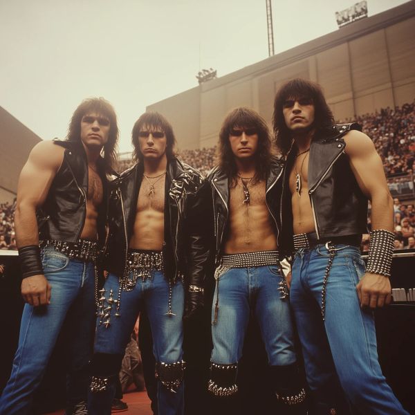 Five wrestlers in black leather vests and studded accessories stand on a stadium stage in front of a crowd.