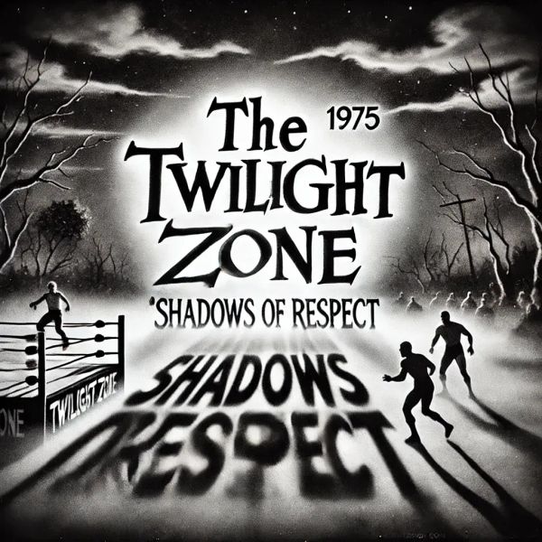 Black and white 1975 Twilight Zone poster showing silhouetted wrestlers in a boxing ring under a dramatic stormy sky.